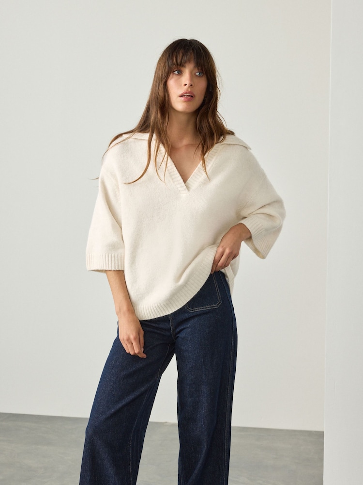 Ecru Open Collar Polo Half Sleeve Jumper With Wool - Image 1 of 8