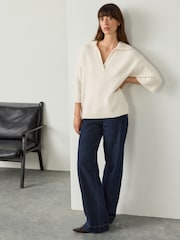 Ecru Open Collar Polo Half Sleeve Jumper With Wool - Image 2 of 8
