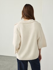 Ecru Open Collar Polo Half Sleeve Jumper With Wool - Image 3 of 8