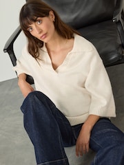 Ecru Open Collar Polo Half Sleeve Jumper With Wool - Image 4 of 8