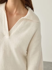 Ecru Open Collar Polo Half Sleeve Jumper With Wool - Image 5 of 8