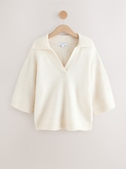 Ecru Open Collar Polo Half Sleeve Jumper With Wool - Image 6 of 8