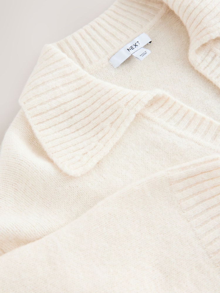 Ecru Open Collar Polo Half Sleeve Jumper With Wool - Image 8 of 8