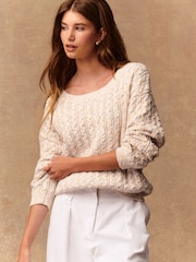Ecru/Multi Neps Cotton Blend Boat Neck Knitted Cable Nappy Jumper - Image 1 of 9