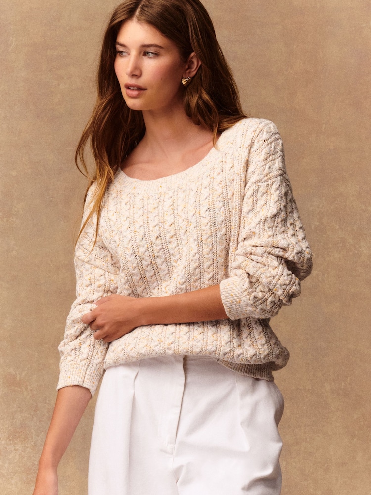 Ecru/Multi Neps Cotton Blend Boat Neck Knitted Cable Nappy Jumper - Image 1 of 9