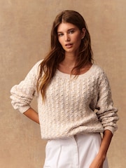 Ecru/Multi Neps Cotton Blend Boat Neck Knitted Cable Nappy Jumper - Image 2 of 9