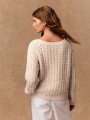 Ecru/Multi Neps Cotton Blend Boat Neck Knitted Cable Nappy Jumper - Image 3 of 9