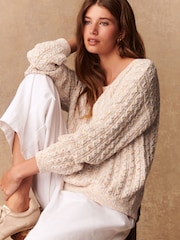 Ecru/Multi Neps Cotton Blend Boat Neck Knitted Cable Nappy Jumper - Image 4 of 9