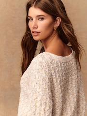 Ecru/Multi Neps Cotton Blend Boat Neck Knitted Cable Nappy Jumper - Image 6 of 9