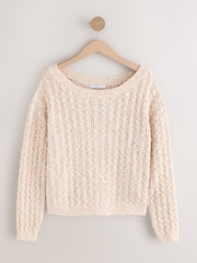 Ecru/Multi Neps Cotton Blend Boat Neck Knitted Cable Nappy Jumper - Image 7 of 9