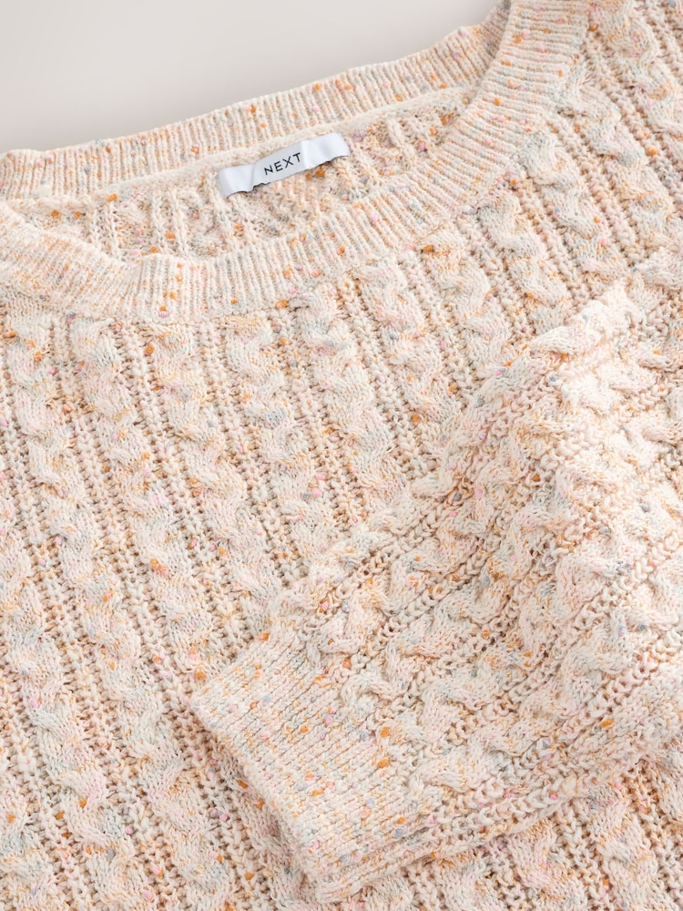 Ecru/Multi Neps Cotton Blend Boat Neck Knitted Cable Nappy Jumper - Image 9 of 9