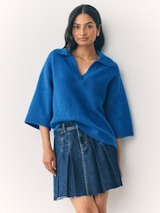 Bright Blue Open Collar Polo Half Sleeve Jumper With Wool - Image 1 of 8