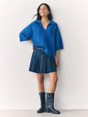 Bright Blue Open Collar Polo Half Sleeve Jumper With Wool - Image 2 of 8