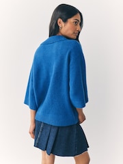 Bright Blue Open Collar Polo Half Sleeve Jumper With Wool - Image 3 of 8