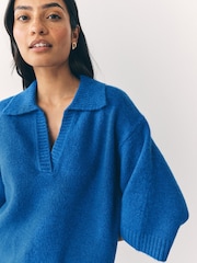 Bright Blue Open Collar Polo Half Sleeve Jumper With Wool - Image 5 of 8