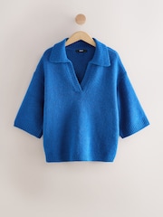 Bright Blue Open Collar Polo Half Sleeve Jumper With Wool - Image 6 of 8