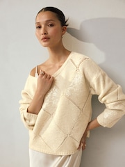 Ecru Off The Shoulder Sequin Argyle Jumper - Image 1 of 6