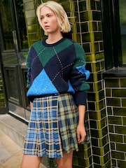 Navy Blue and Green Argyle Crew Neck Knitted Jumper with Wool - Image 1 of 8