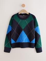 Navy Blue and Green Argyle Crew Neck Knitted Jumper with Wool - Image 6 of 8