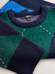 Navy Blue and Green Argyle Crew Neck Knitted Jumper with Wool - Image 8 of 8