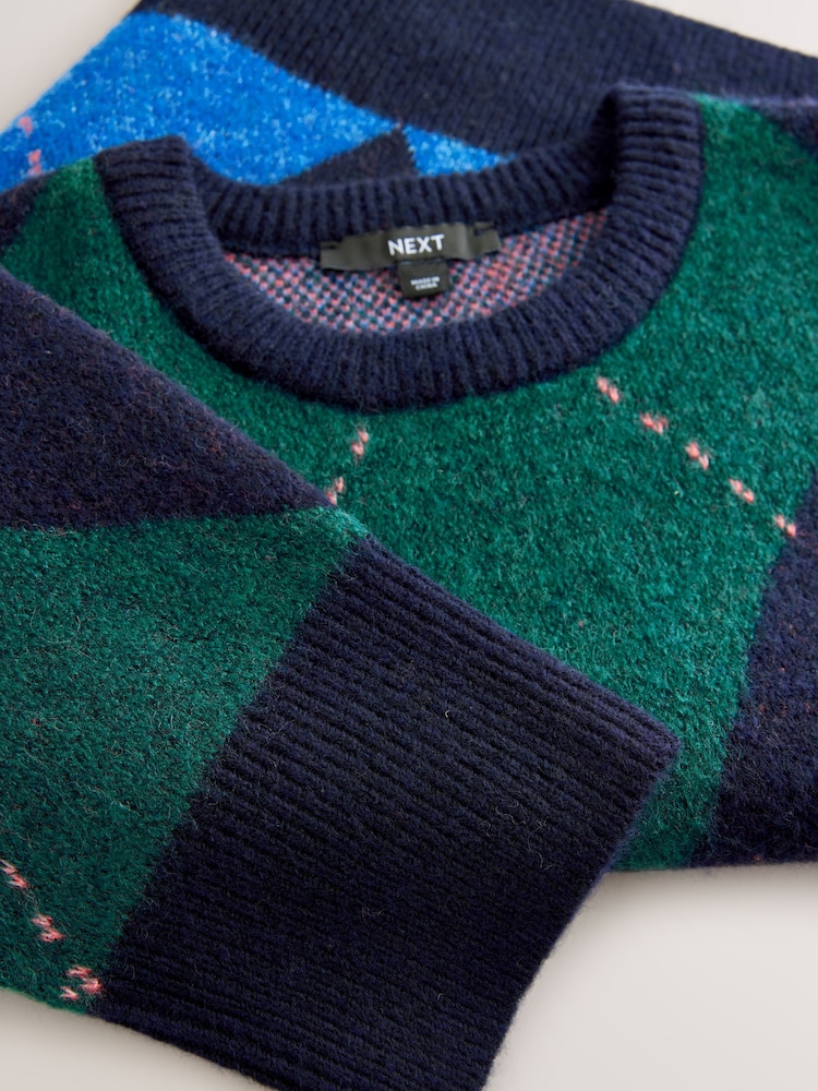 Navy Blue and Green Argyle Crew Neck Knitted Jumper with Wool - Image 8 of 8
