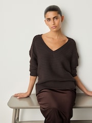 Chocolate Brown Ribbed V-Neck Knitted Jumper - Image 1 of 8