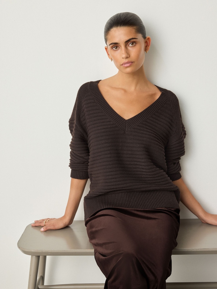Chocolate Brown Ribbed V-Neck Knitted Jumper - Image 1 of 8