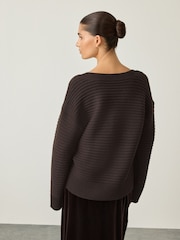 Chocolate Brown Ribbed V-Neck Knitted Jumper - Image 4 of 8
