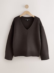 Chocolate Brown Ribbed V-Neck Knitted Jumper - Image 6 of 8