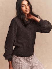 Chocolate Brown Cotton and Wool Blend Shoulder Padded Waisted Nappy Jumper - Image 2 of 8