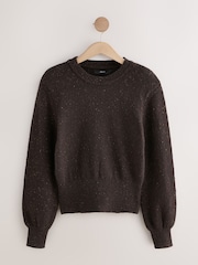 Chocolate Brown Cotton and Wool Blend Shoulder Padded Waisted Nappy Jumper - Image 6 of 8