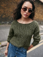 Khaki Green Cotton Blend Boat Neck Knitted Cable Nappy Jumper - Image 1 of 8