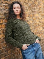Khaki Green Cotton Blend Boat Neck Knitted Cable Nappy Jumper - Image 2 of 8