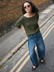 Khaki Green Cotton Blend Boat Neck Knitted Cable Nappy Jumper - Image 3 of 8