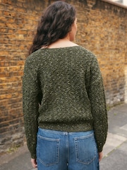 Khaki Green Cotton Blend Boat Neck Knitted Cable Nappy Jumper - Image 4 of 8