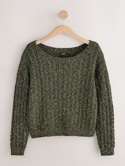 Khaki Green Cotton Blend Boat Neck Knitted Cable Nappy Jumper - Image 6 of 8