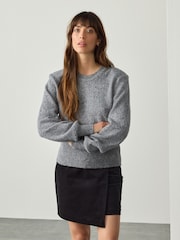 Grey Cotton and Wool Blend Shoulder Padded Waisted Nappy Jumper - Image 2 of 8