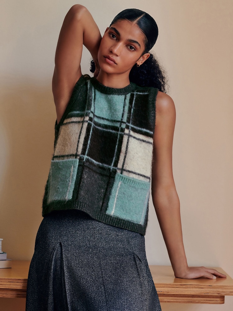 Cheque azul - Brushed Crew Neck Knitted Pocket Tank - Imagem 1 de 9