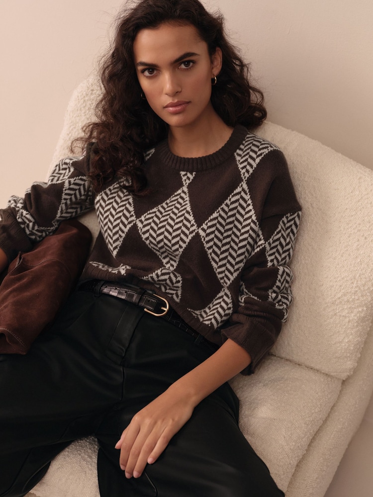 Chocolate Brown Argyle 100% Lambswool Crew Neck Jumper - Image 1 of 8