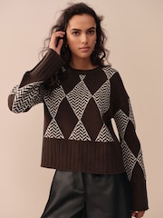 Chocolate Brown Argyle 100% Lambswool Crew Neck Jumper - Image 2 of 8