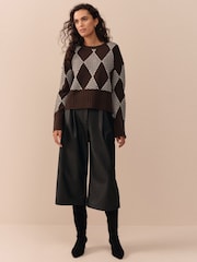 Chocolate Brown Argyle 100% Lambswool Crew Neck Jumper - Image 3 of 8