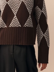 Chocolate Brown Argyle 100% Lambswool Crew Neck Jumper - Image 4 of 8