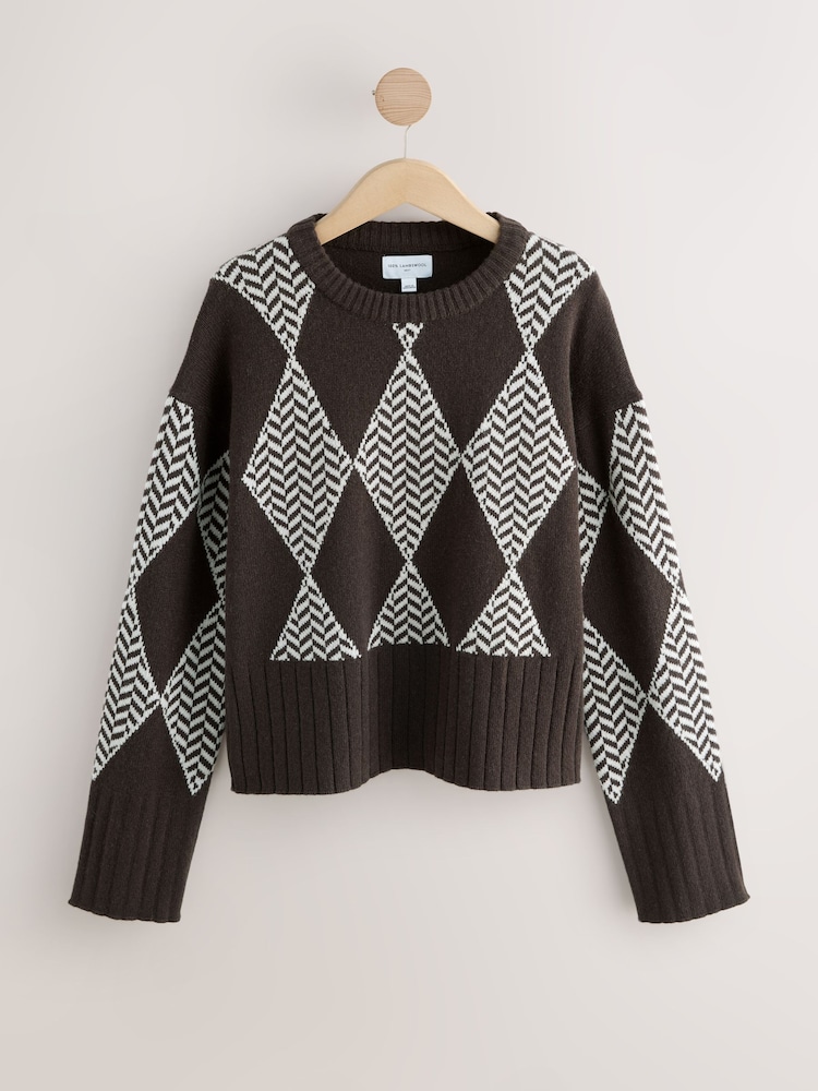 Čokoladno rjava argyle - 100% Lambswool N.Premium Crew Neck Jumper - Slika 8 iz 8