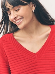 Red Ribbed V-Neck Knitted Jumper - Image 10 of 13