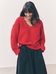 Red Ribbed V-Neck Knitted Jumper - Image 13 of 13