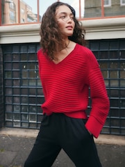 Red Ribbed V-Neck Knitted Jumper - Image 2 of 13