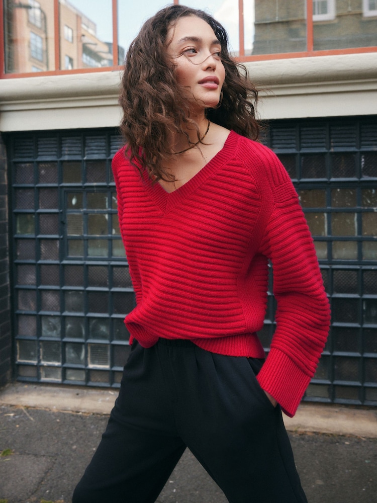 Red Ribbed V-Neck Knitted Jumper - Image 2 of 13