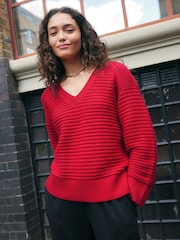 Red Ribbed V-Neck Knitted Jumper - Image 3 of 13