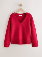 Red Ribbed V-Neck Knitted Jumper - Image 7 of 13
