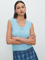 Light Blue Scoop Neck Knitted Sleeveless Tank Vest with Alpaca Wool - Image 1 of 8